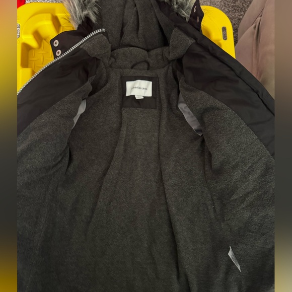 Calvin Klein Jeans Kids Longline Black Coat with Fur Hood - Picture 3 of 4